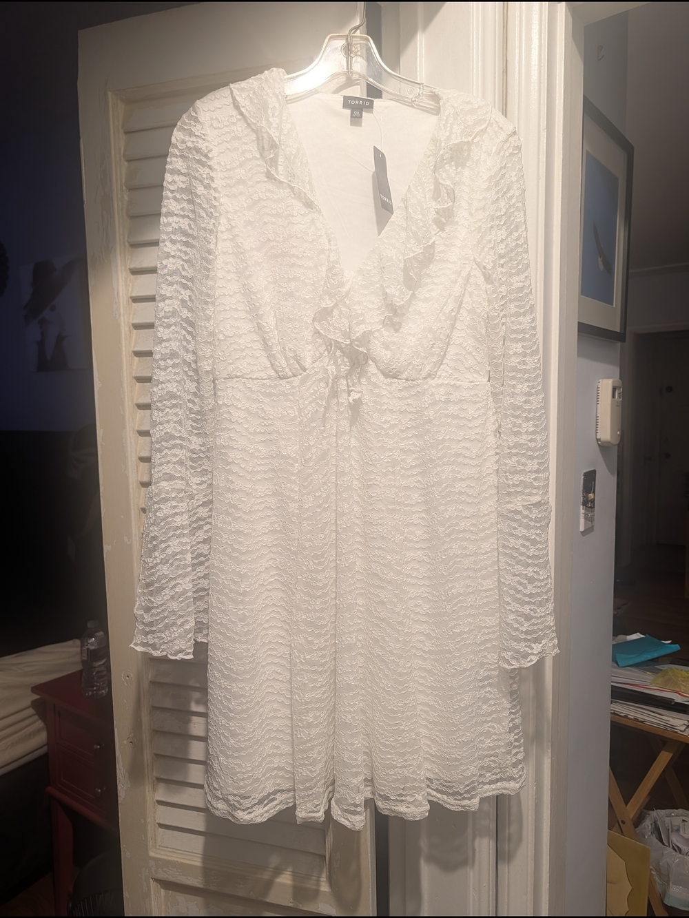 Torrid Blanc de Blanc Mini Bell Sleeve Ruffle Neck Lace Dress